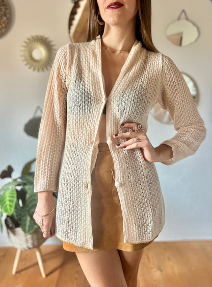 1970's vintage crocheted cream cardigan with sequin trim