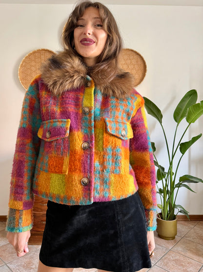 Multicolor plaid wool jacket with faux fur collar