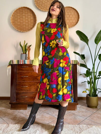 1990’s vintage chartreuse, brown, pink and blue floral midi dress