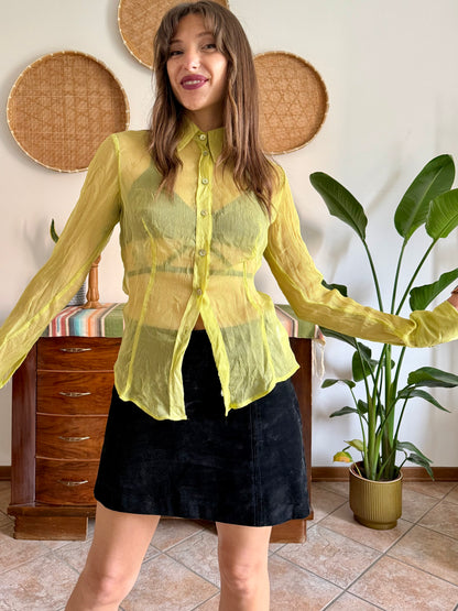 1990’s vintage chartreuse sheer textured silk blouse with mother of pearl buttons