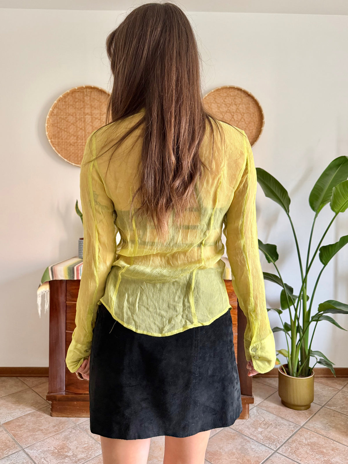 1990’s vintage chartreuse sheer textured silk blouse with mother of pearl buttons
