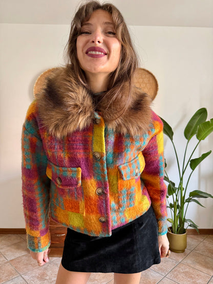 Multicolor plaid wool jacket with faux fur collar