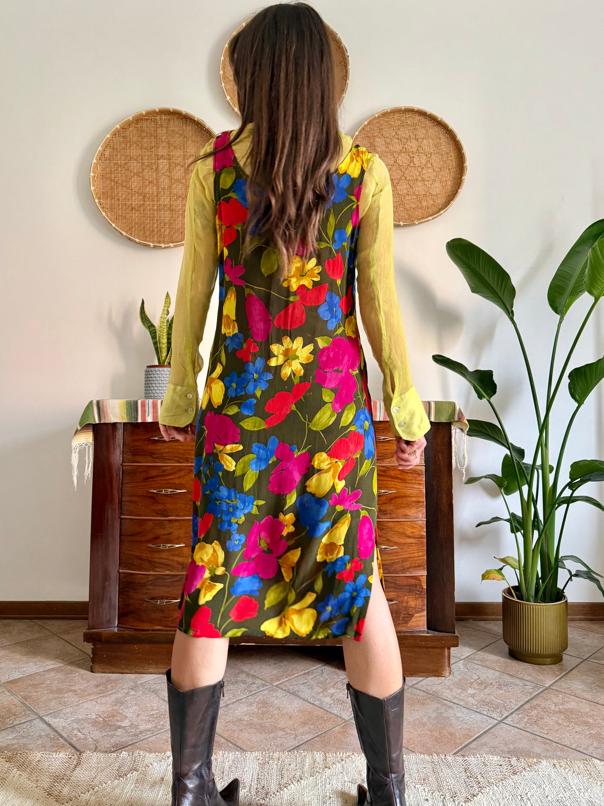 1990’s vintage chartreuse, brown, pink and blue floral midi dress