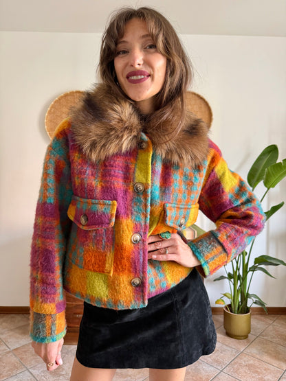 Multicolor plaid wool jacket with faux fur collar