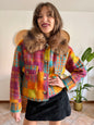 Multicolor plaid wool jacket with faux fur collar