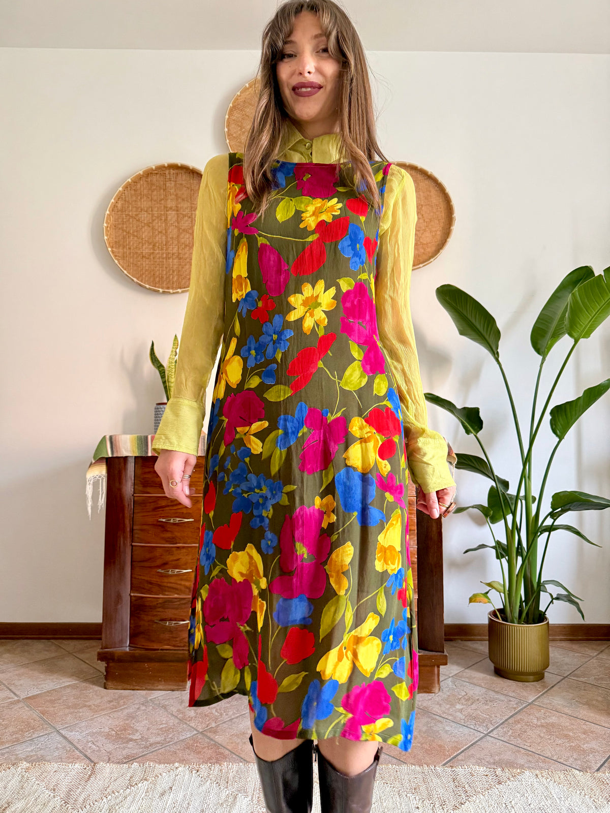 1990’s vintage chartreuse, brown, pink and blue floral midi dress