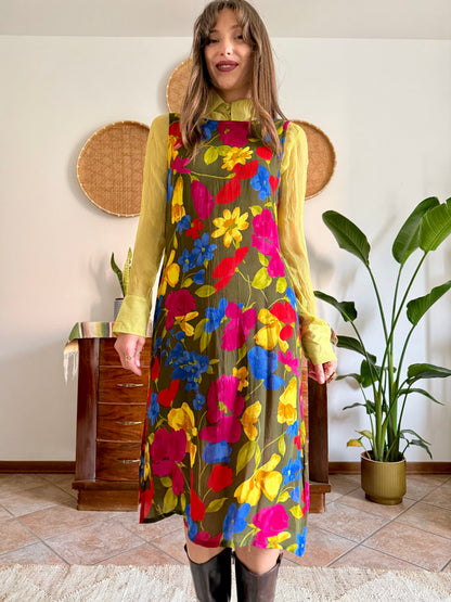 1990’s vintage chartreuse, brown, pink and blue floral midi dress